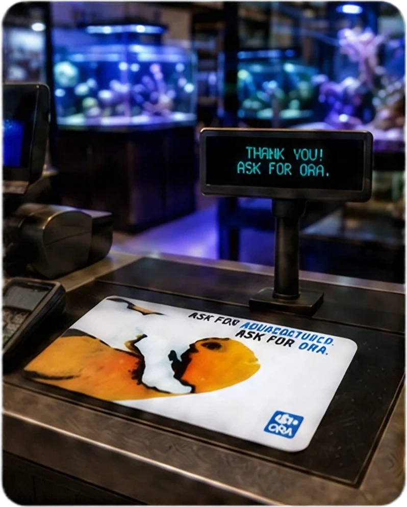 The clownfish countermat in place on a fish store checkout counter, reef tanks glowing behind it and the till display reading Thank you! Ask for ORA.