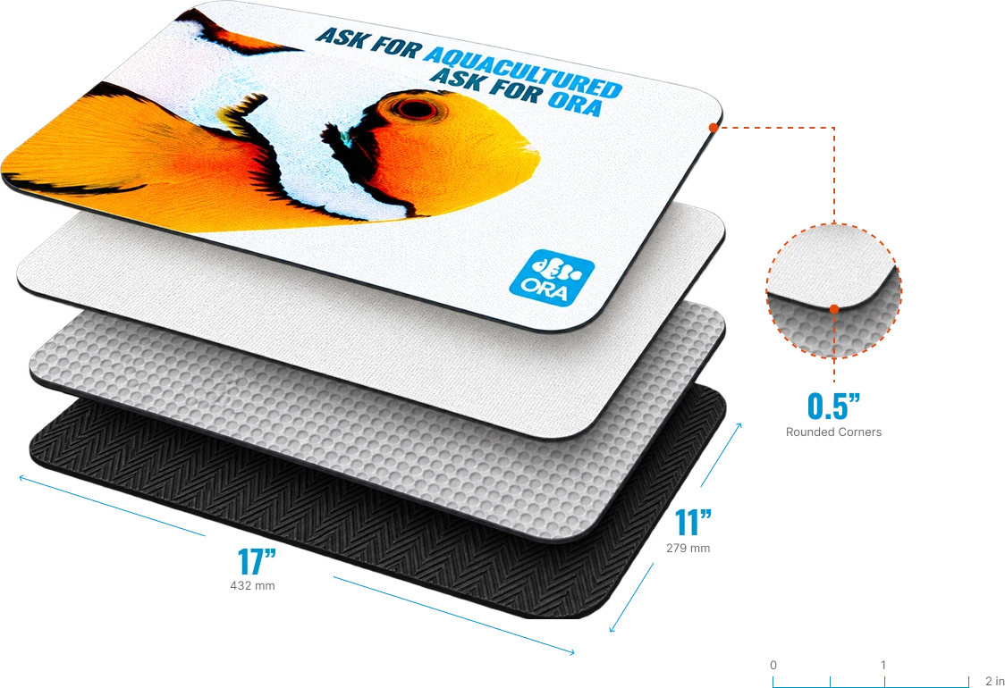 An exploded view of the countermat’s four layers fanned apart — the printed clownfish top sheet, a textured white surface, a honeycomb reinforcement core and a herringbone rubber backing — dimensioned 17 inches by 11 inches (432 by 279 mm), with a detail circle calling out the half-inch rounded corners and a two-inch scale bar
