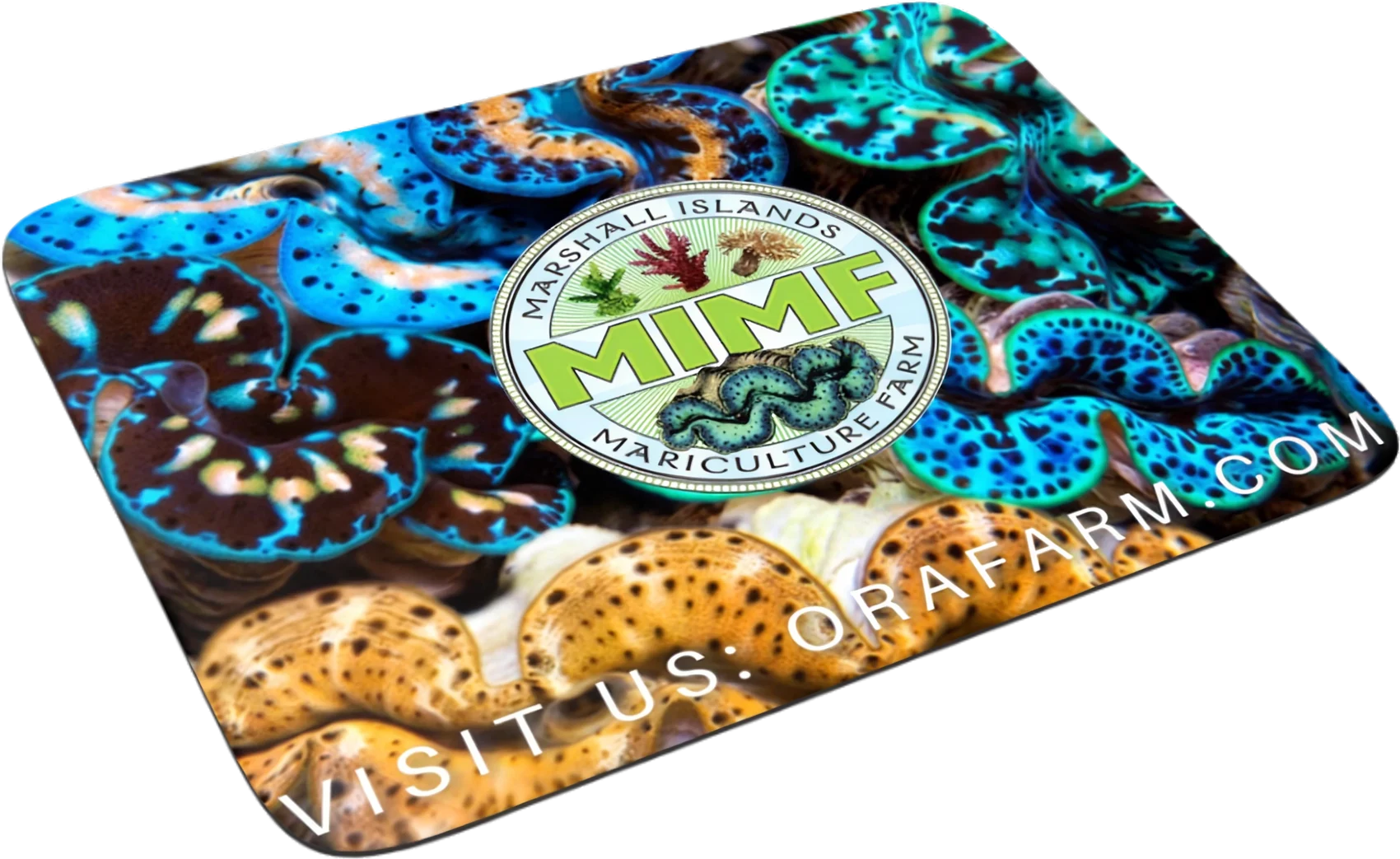 The MIMF Clam countermat: full-bleed photography of vivid blue and gold Tridacna clams with the MIMF seal centered and the line Visit Us: orafarm.com