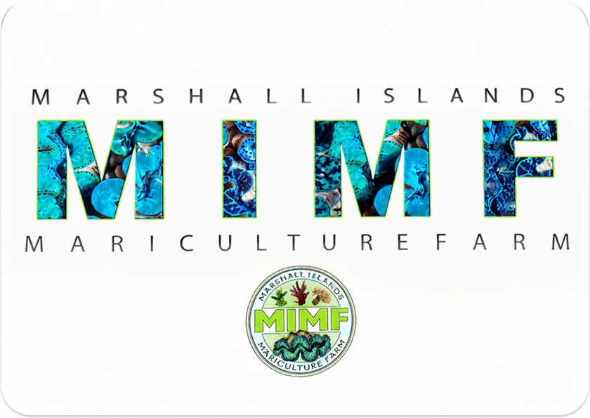 The MIMF Mariculture countermat shown flat: the letters M I M F filled with clam and coral photography between the words Marshall Islands and Mariculture Farm, with the circular MIMF seal beneath