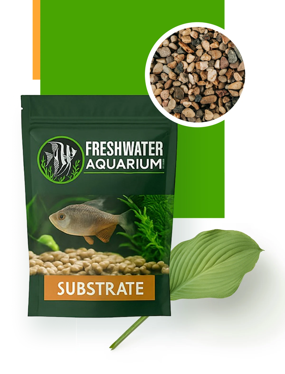 A FreshwaterAquarium.com substrate pouch mockup against green blocks, with gravel and a leaf