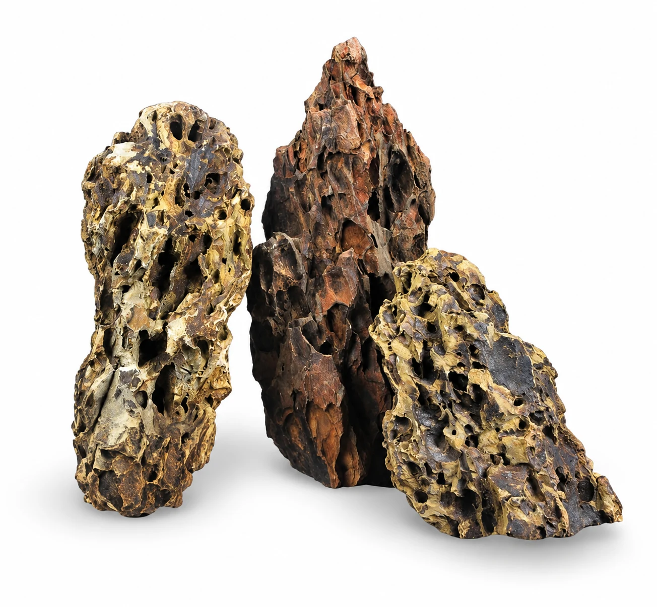 Three pieces of aquascaping dragon stone photographed on white