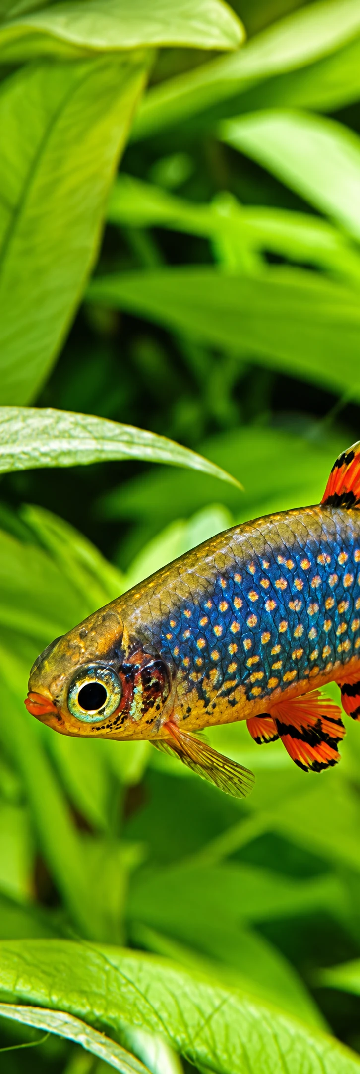 A galaxy rasbora among bright green aquarium plants