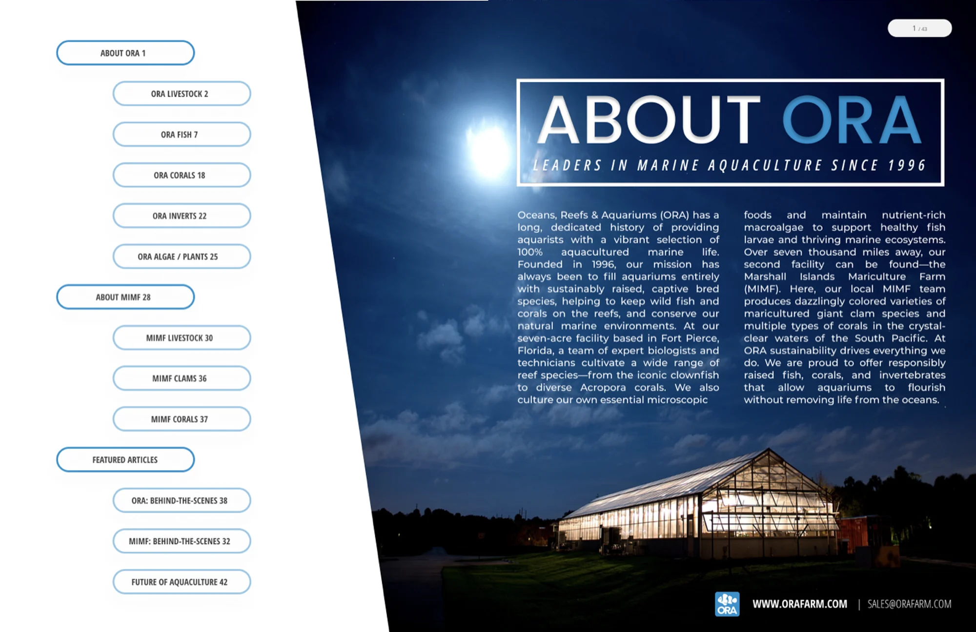 The About ORA spread: the magazine contents list on the left, and the Fort Pierce greenhouse photographed at night behind the headline About ORA, Leaders In Marine Aquaculture Since 1996