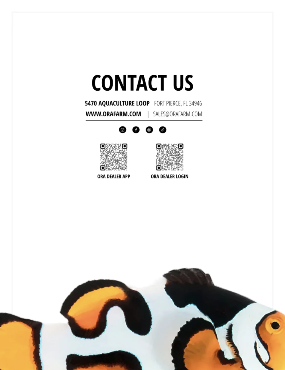 The ORA magazine back cover, carrying contact details and QR codes for the dealer app and dealer login