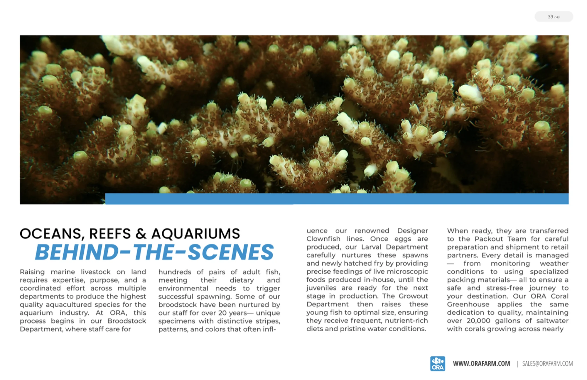 The Behind-the-Scenes spread, opening on a full-width photograph of Acropora polyps in the ORA coral greenhouse