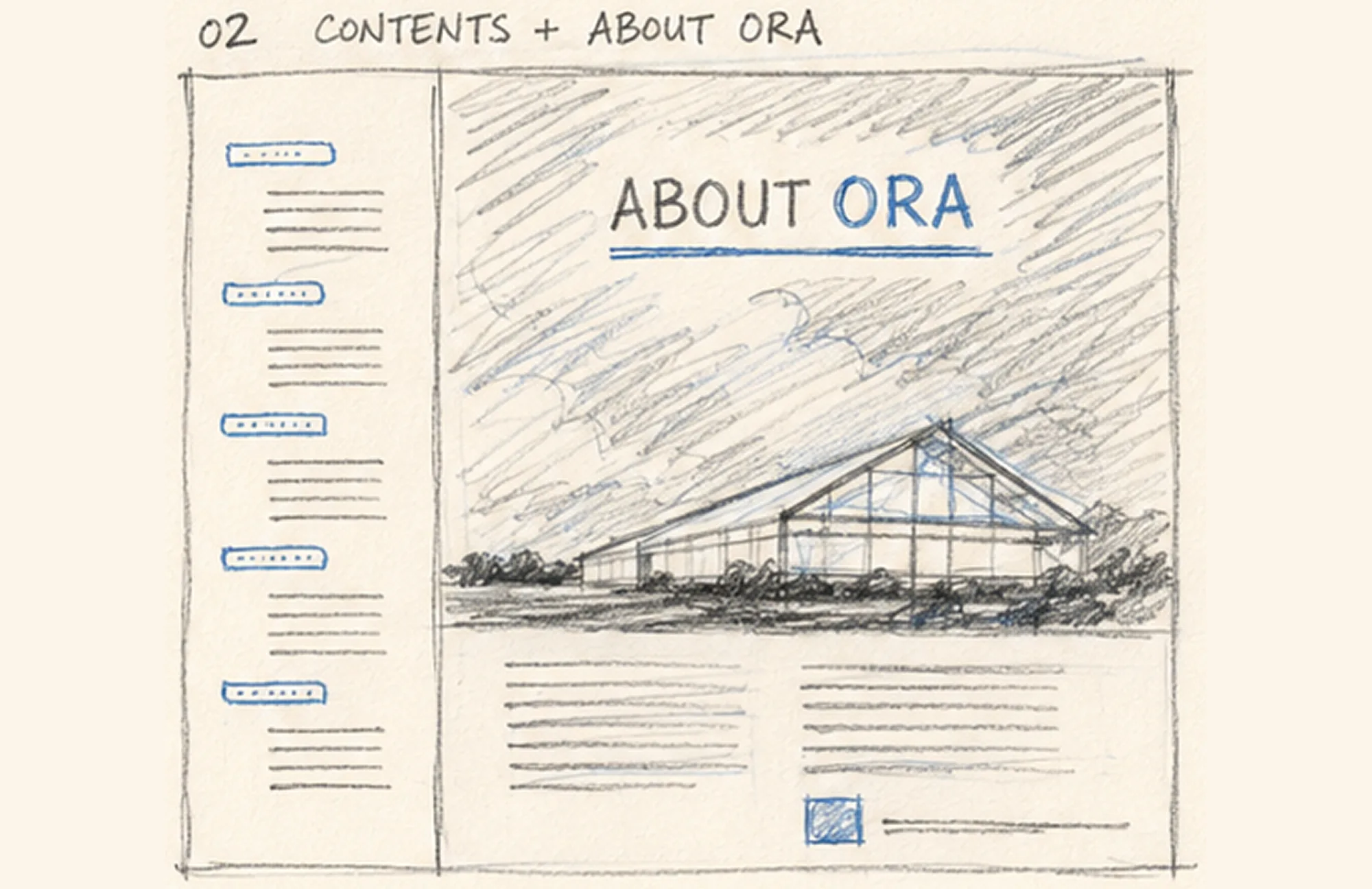 The hand-drawn concept sketch for About ORA