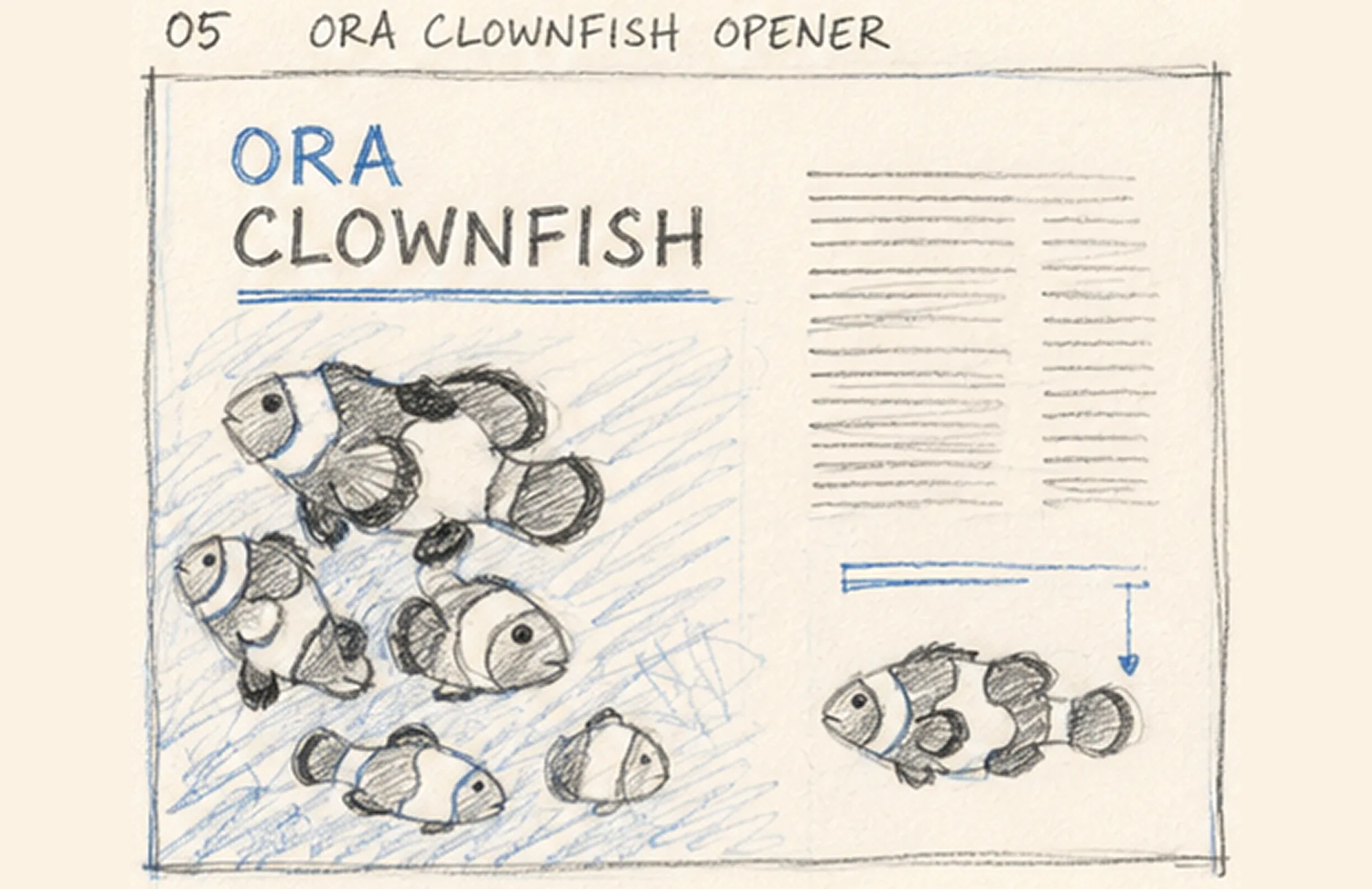 The hand-drawn concept sketch for ORA Clownfish