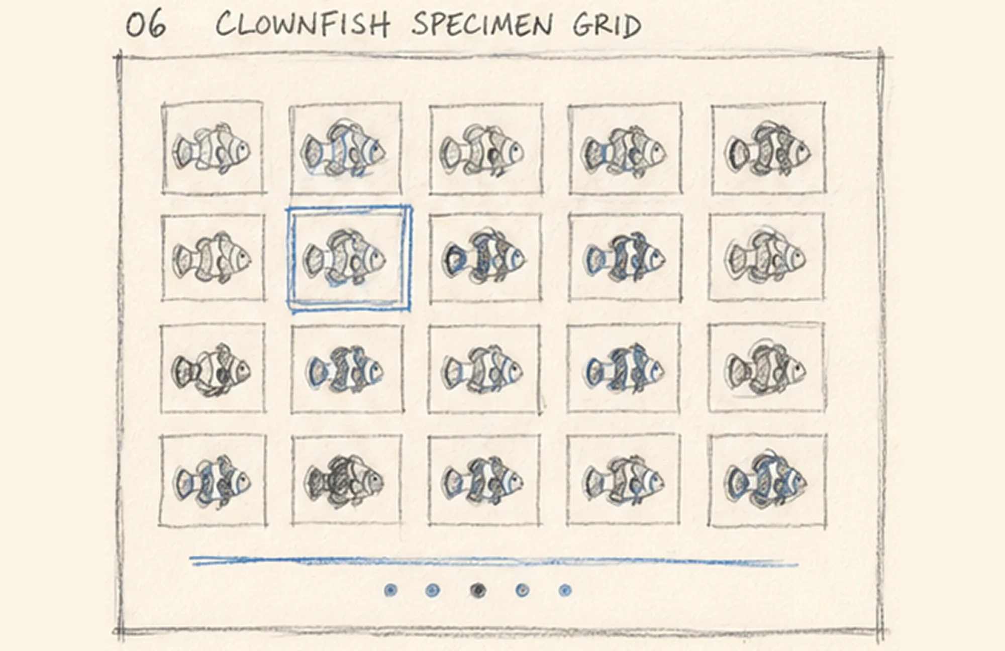 The hand-drawn concept sketch for the specimen grid
