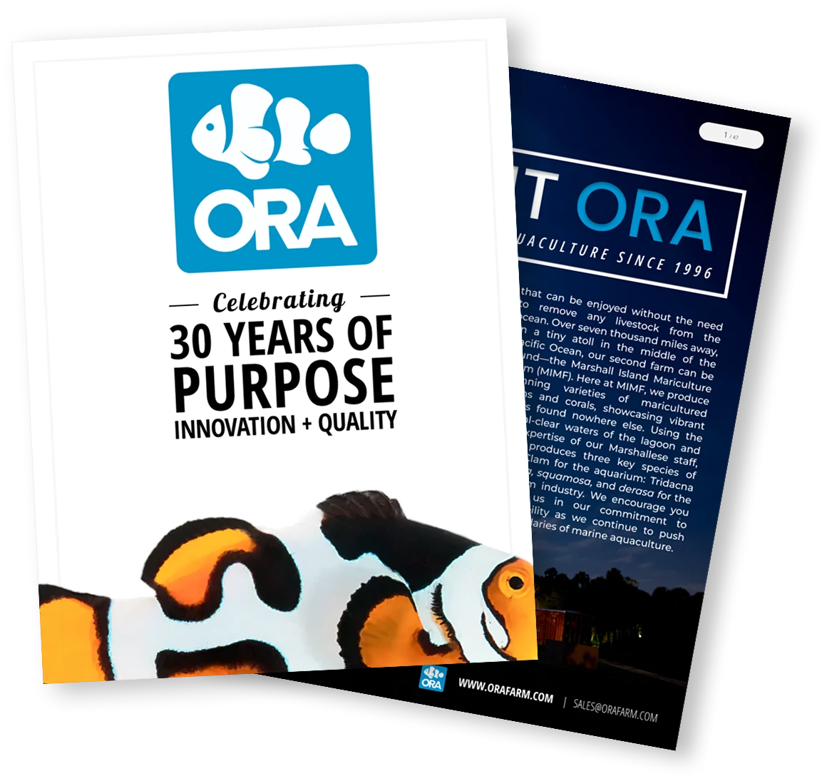 The finished ORA magazine: the printed cover celebrating 30 Years of Purpose, Innovation + Quality, with the About ORA page fanned out behind it