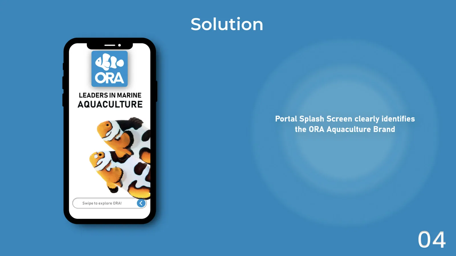 The portal splash screen, headed Leaders In Marine Aquaculture over ORA clownfish