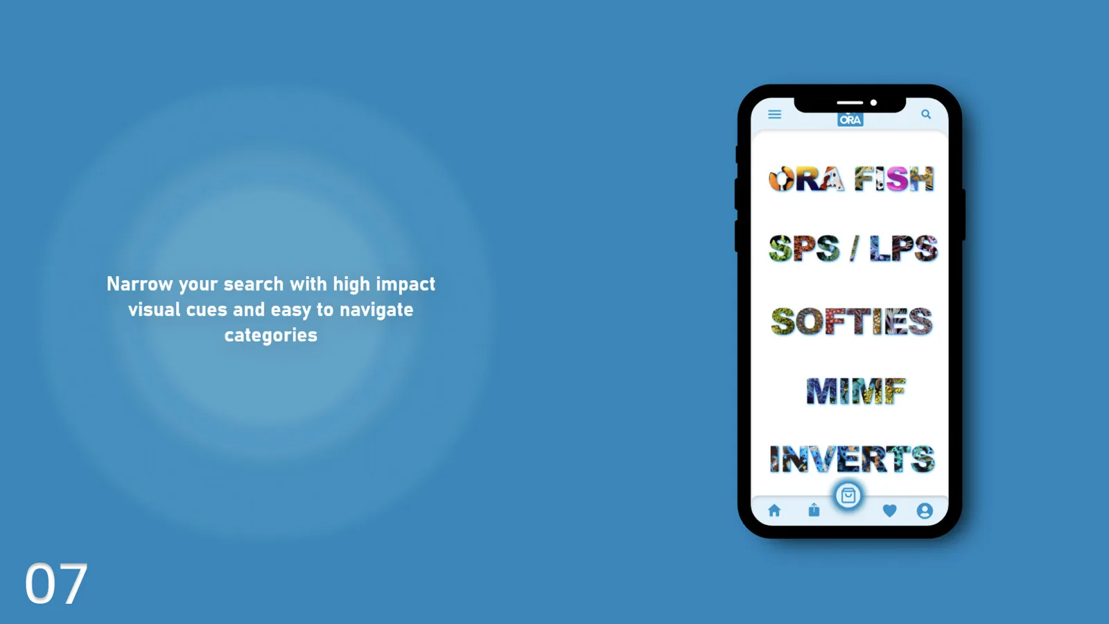 The category screen listing ORA Fish, SPS / LPS, Softies, MIMF and Inverts