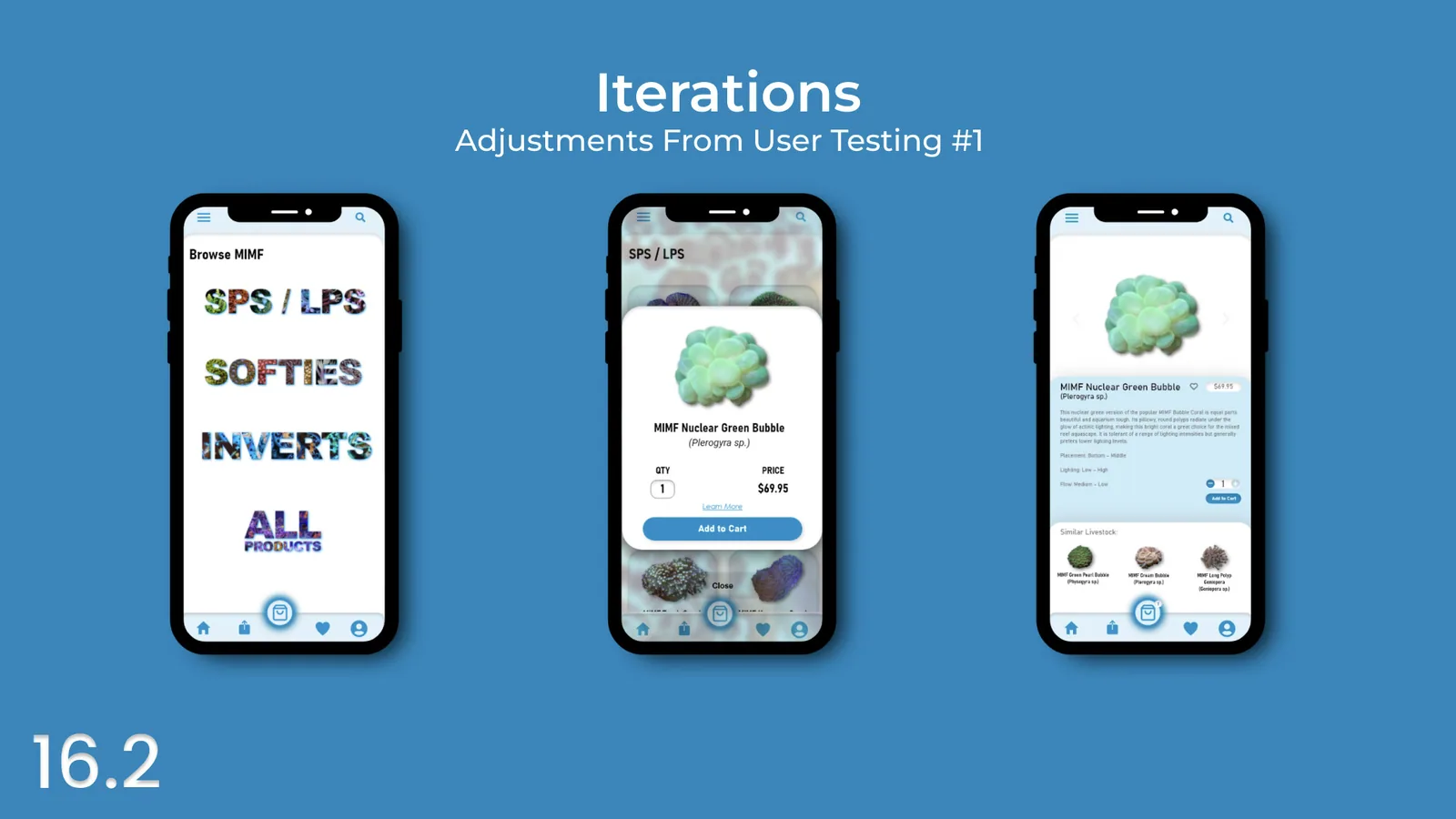 Three revised screens after the first round of testing, including the new Quick View product card