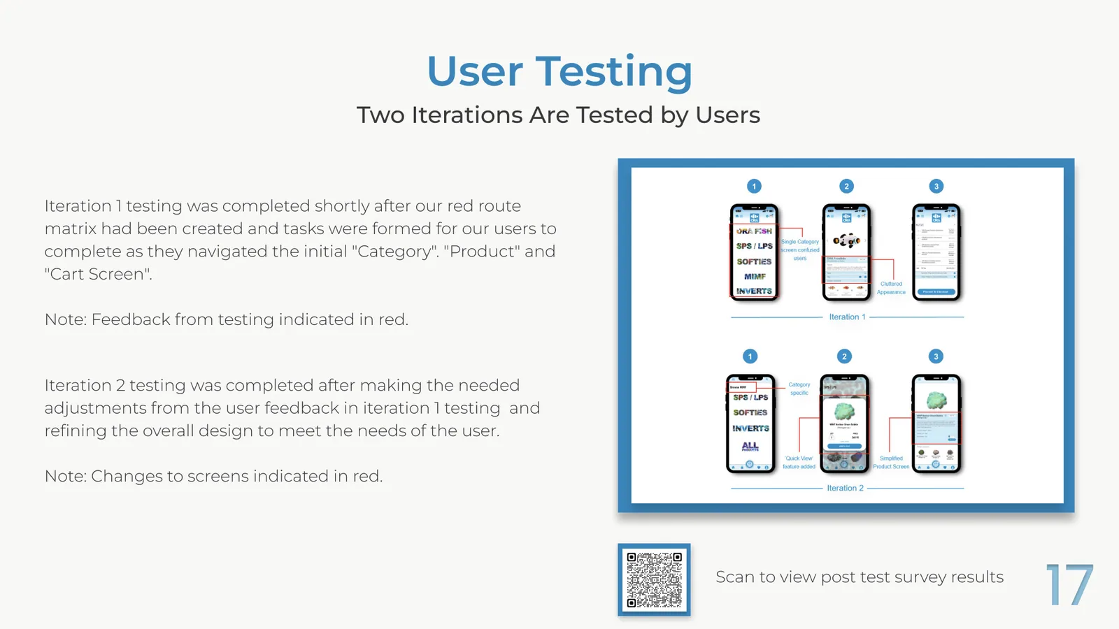 Both test iterations side by side, with feedback and changes marked in red