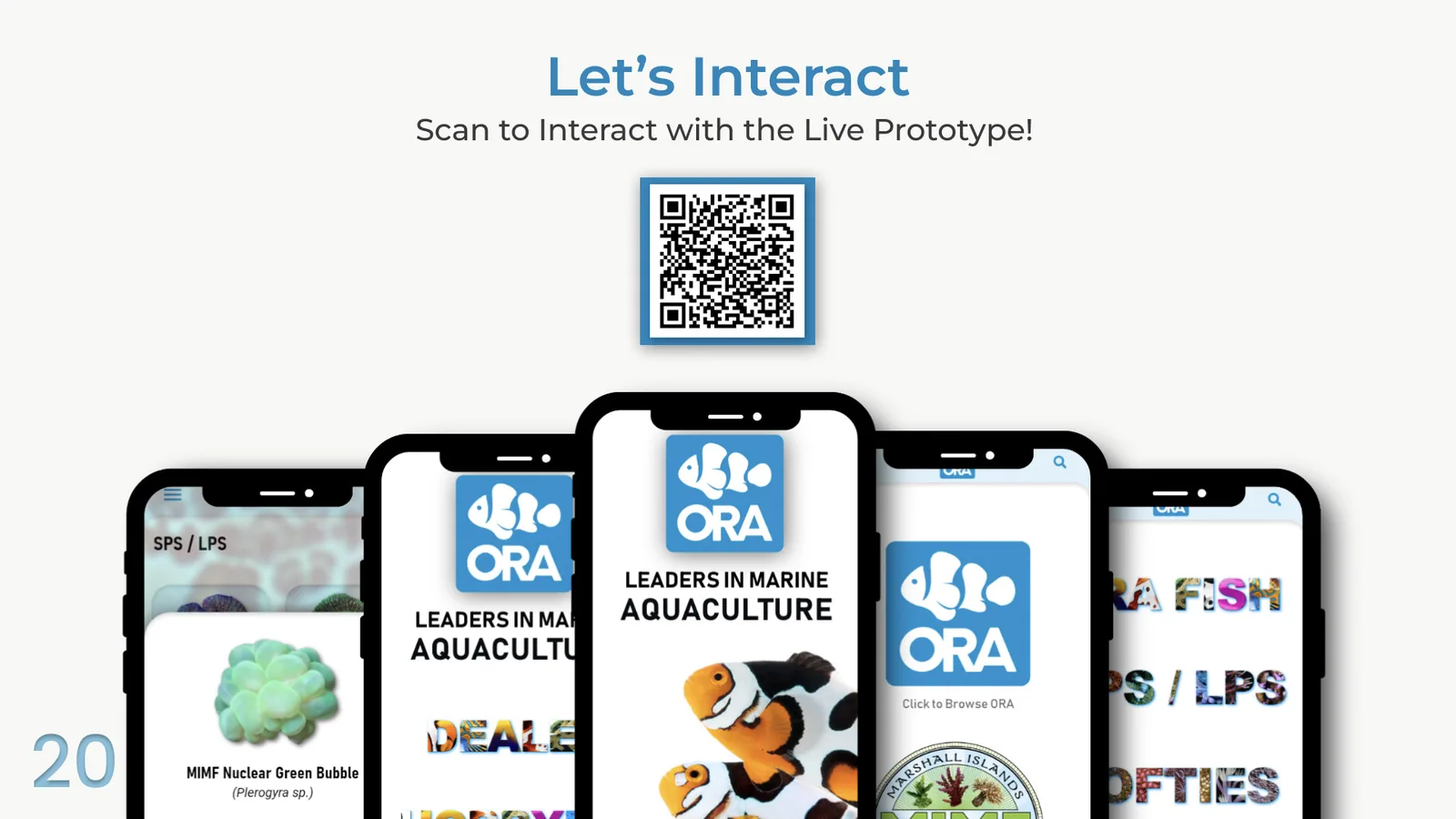 Five ORA portal screens fanned out behind a QR code linking to the live prototype