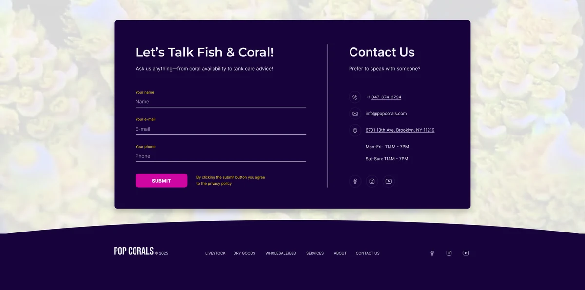 The contact panel: Let’s Talk Fish & Coral with a short form beside the shop’s phone, email, address and hours, over a photograph of corals