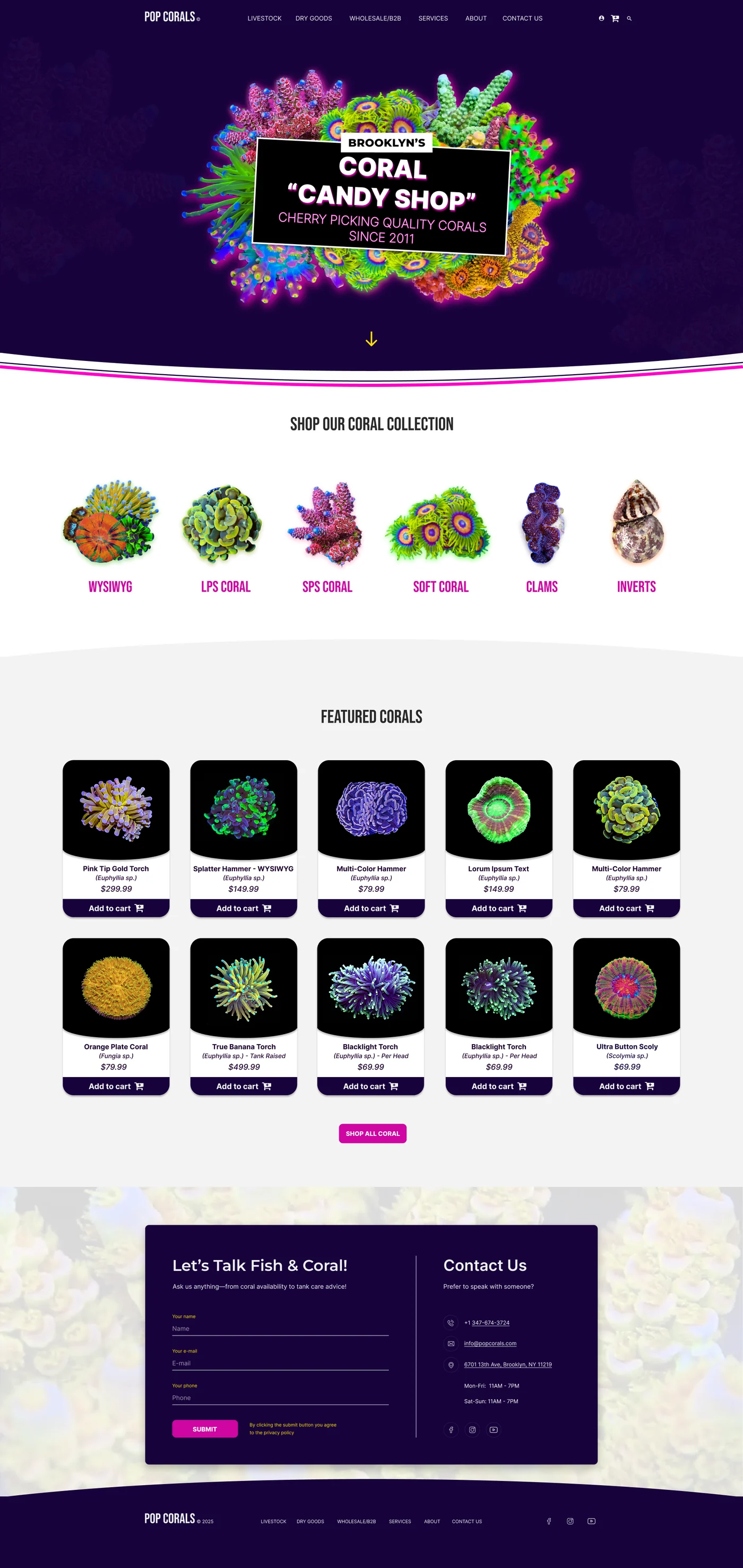 The redesigned Pop Corals homepage in full: a purple banner with the Coral Candy Shop card over a bouquet of neon corals, six cut-out category links, a grid of ten product cards with prices and Add to cart buttons, and a Let&rsquo;s Talk Fish & Coral contact panel