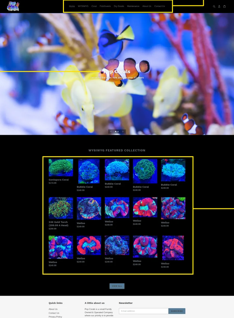 The original Pop Corals homepage: a black bar of navigation over a full-bleed photograph of yellow tangs and clownfish, the shop name barely legible on top, then a dark grid of coral thumbnails and a pale footer