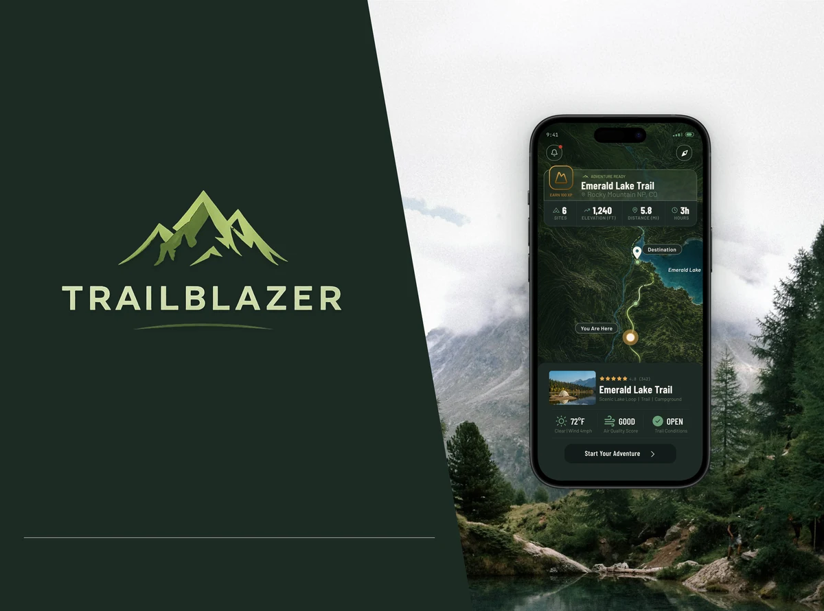 The Trailblazer mountain mark on deep green beside a phone showing the Emerald Lake trail map, set against a misty alpine lake and pines
