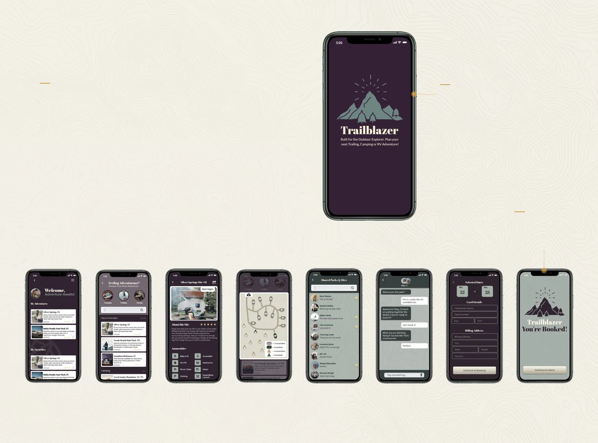 The original bootcamp design: a purple onboarding screen above a row of eight early app screens