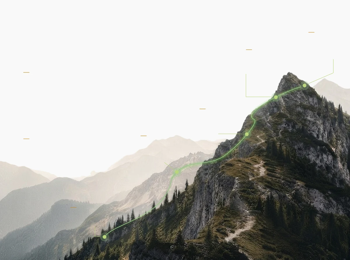A mountain peak with a glowing trail climbing through five stages to the summit