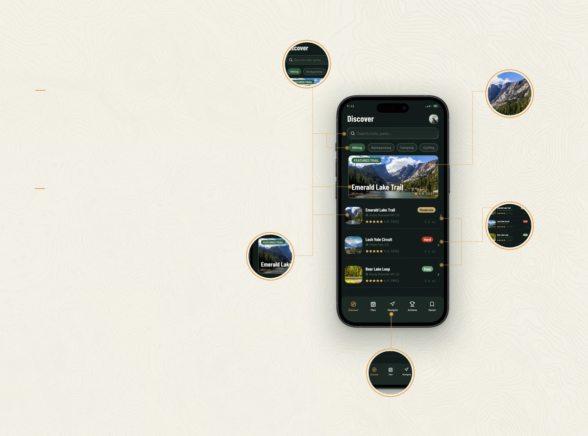 The redesigned Discover screen in a phone, ringed by magnified callouts of its components