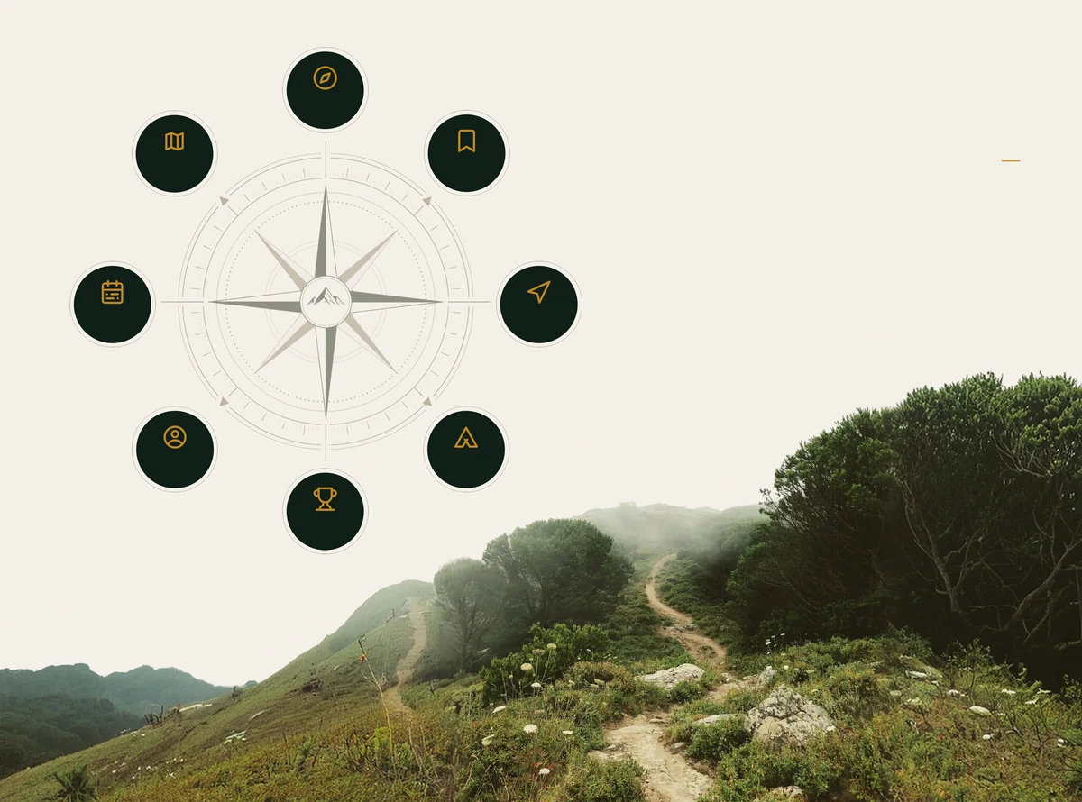 A compass rose circled by eight app module icons above a misty hillside trail