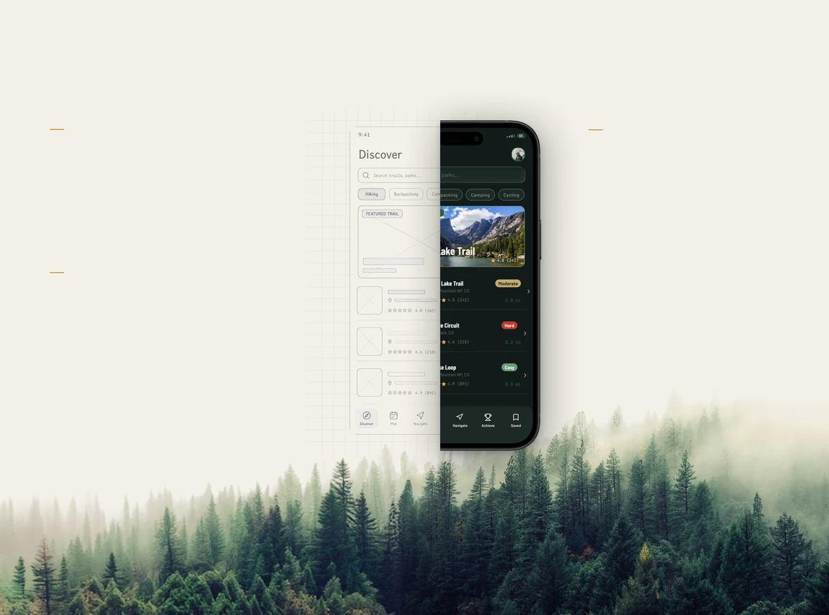 A greyscale wireframe beside the redesigned Discover screen, over a misty pine forest