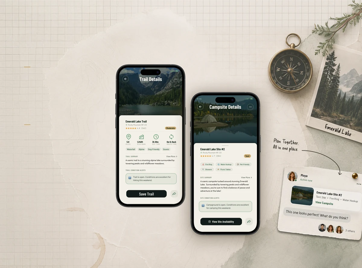 Trail and campsite detail screens beside a brass compass, a polaroid of Emerald Lake and a group chat card, on grid paper