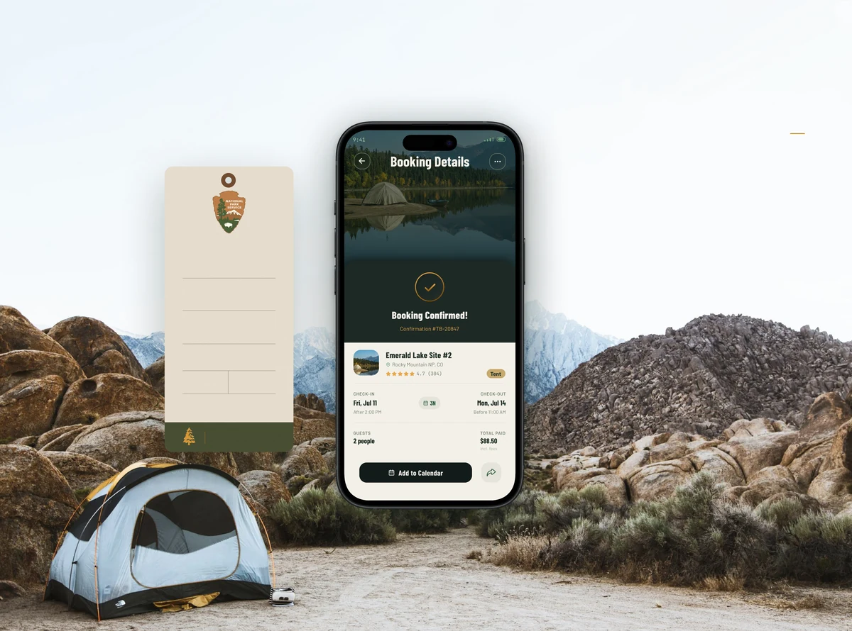 A camping permit tag and the booking confirmation screen, with a tent pitched among desert boulders