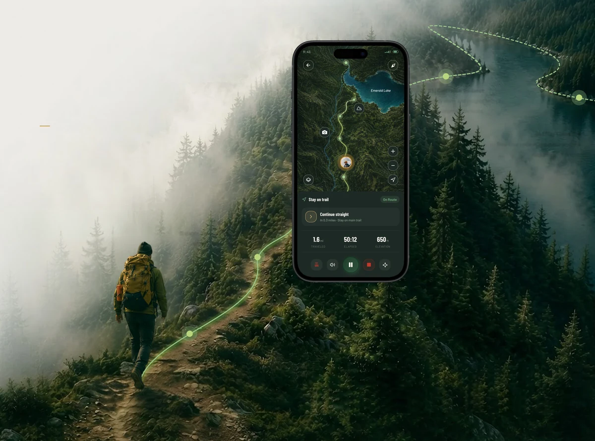 The live navigation screen with a glowing route, beside a hiker on a foggy forest path