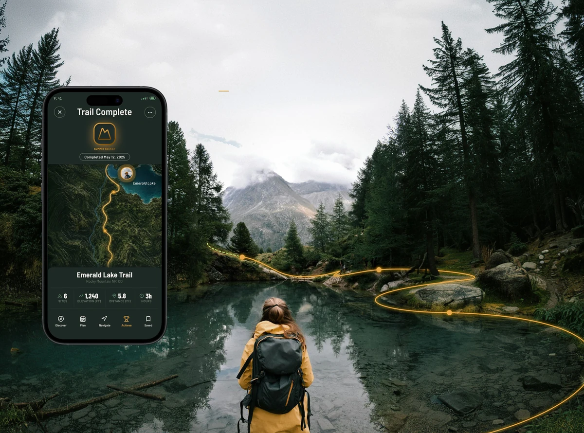 The Trail Complete screen beside a hiker in a yellow jacket looking across a mountain lake