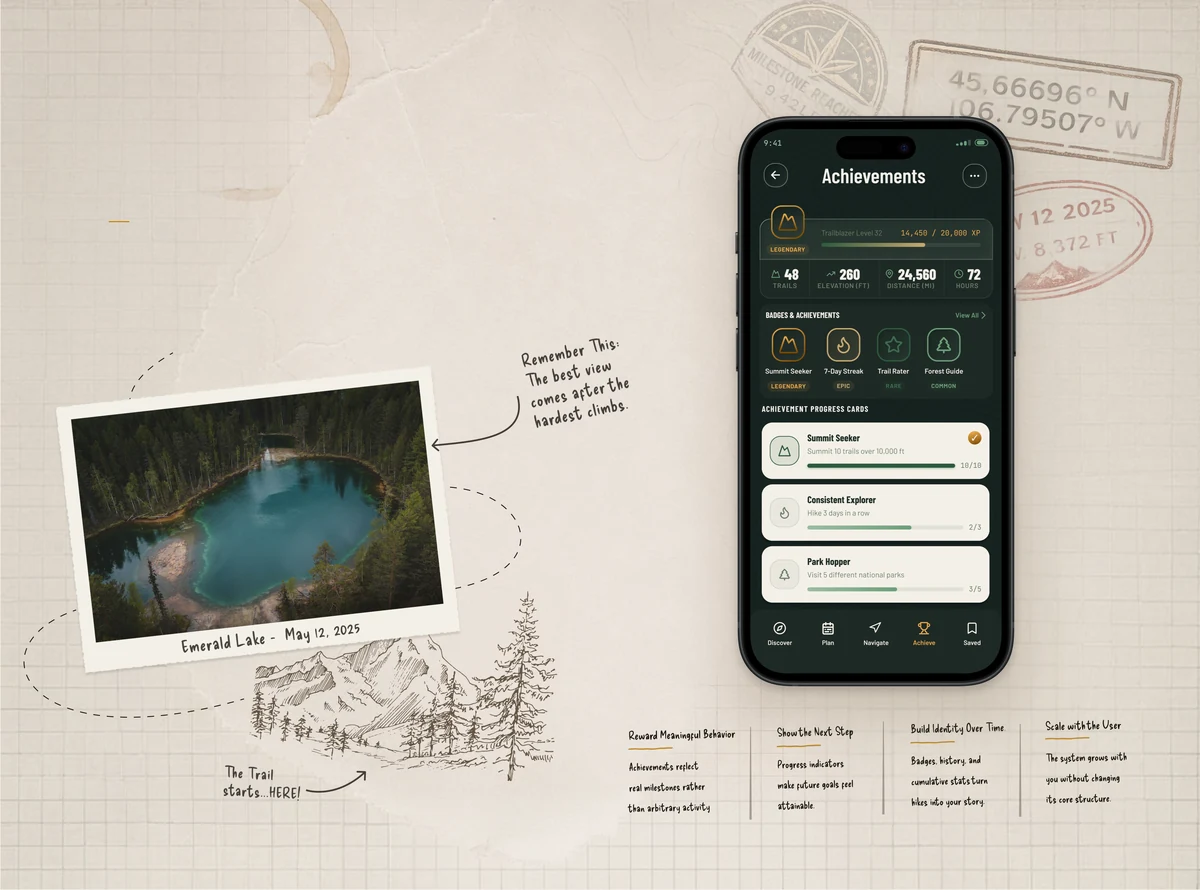 The Achievements screen beside a polaroid of a turquoise mountain lake, trail sketches and passport stamps on grid paper
