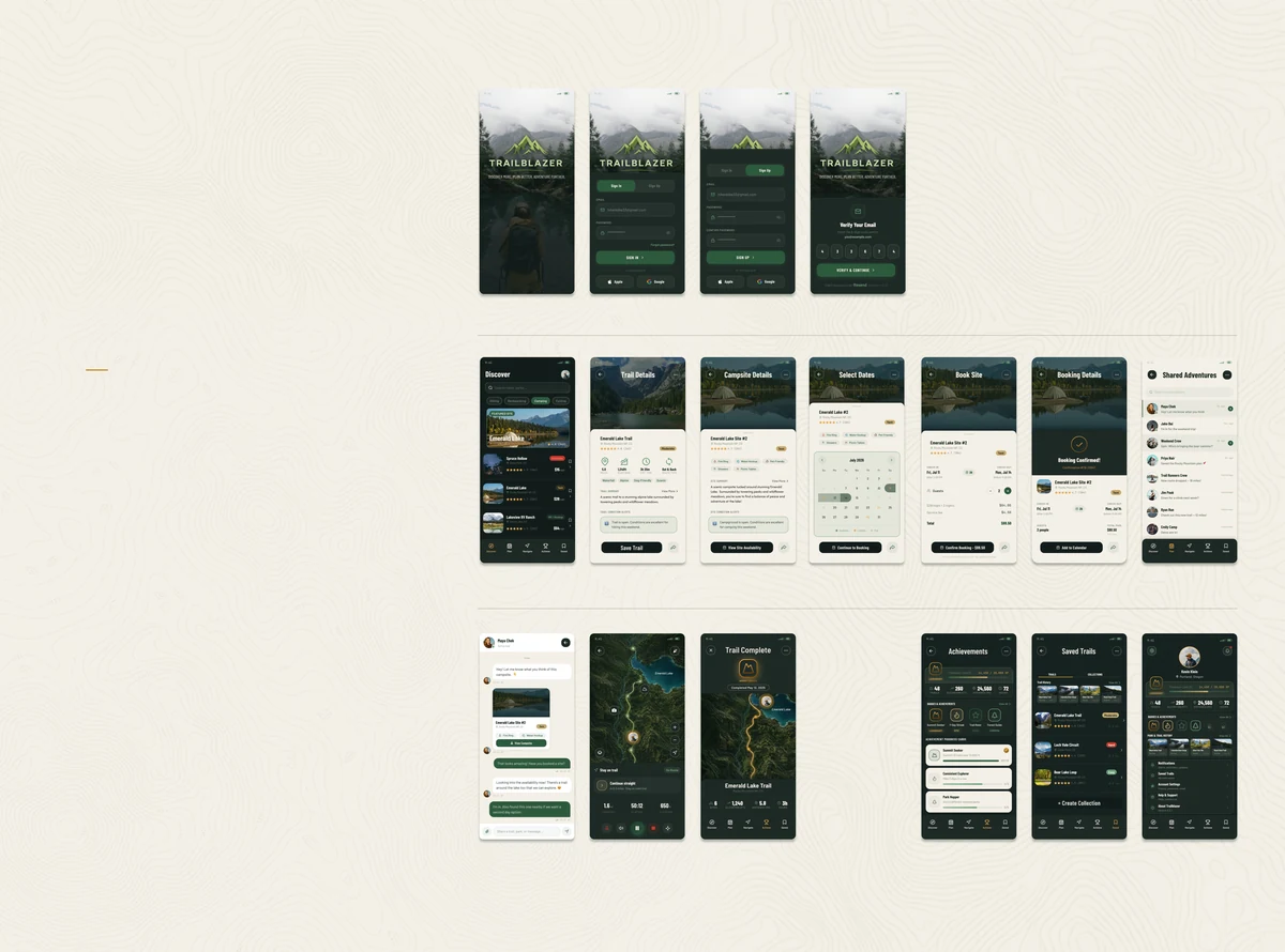 The complete set of Trailblazer screens, grouped into onboarding, discovery, experience and memory