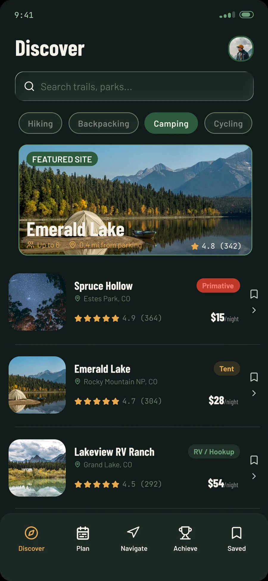 Discover screen with Emerald Lake as the featured campsite