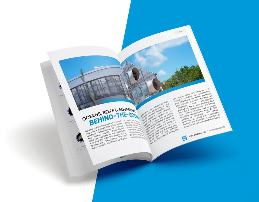 An open spread of the ORA Aquaculture magazine