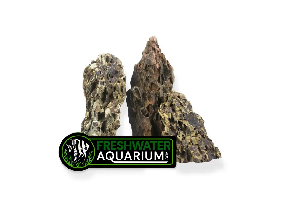 Aquascaping stone photographed on white with the FreshwaterAquarium.com logo