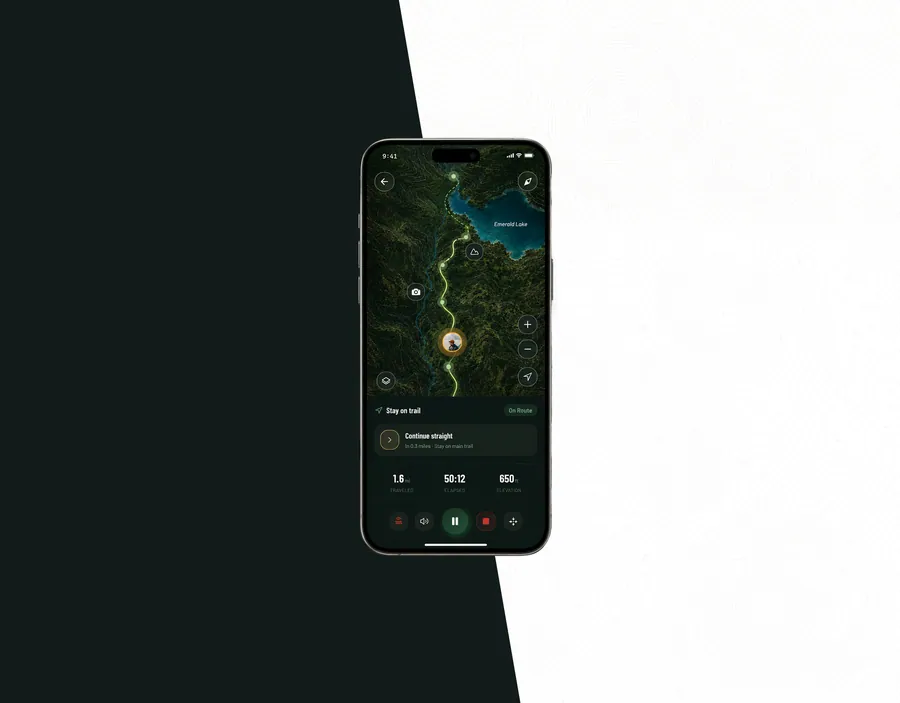 The Trailblazer app on a phone, showing a live trail route over satellite terrain with distance and elapsed time